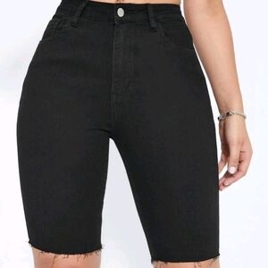 High Waist Raw Hem Denim black‎ Shorts for women